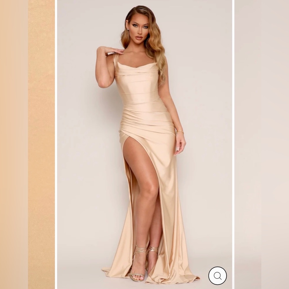 MODAGLAM  Champagne dress, Jersey off-the-shoulder gown, size Medium